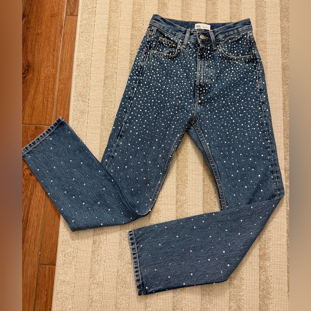 High waisted double sided rhinestone jeans
